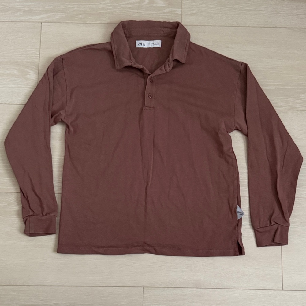 ✨ Zara Kids Long Sleeve Polo Shirt in Rich Brown